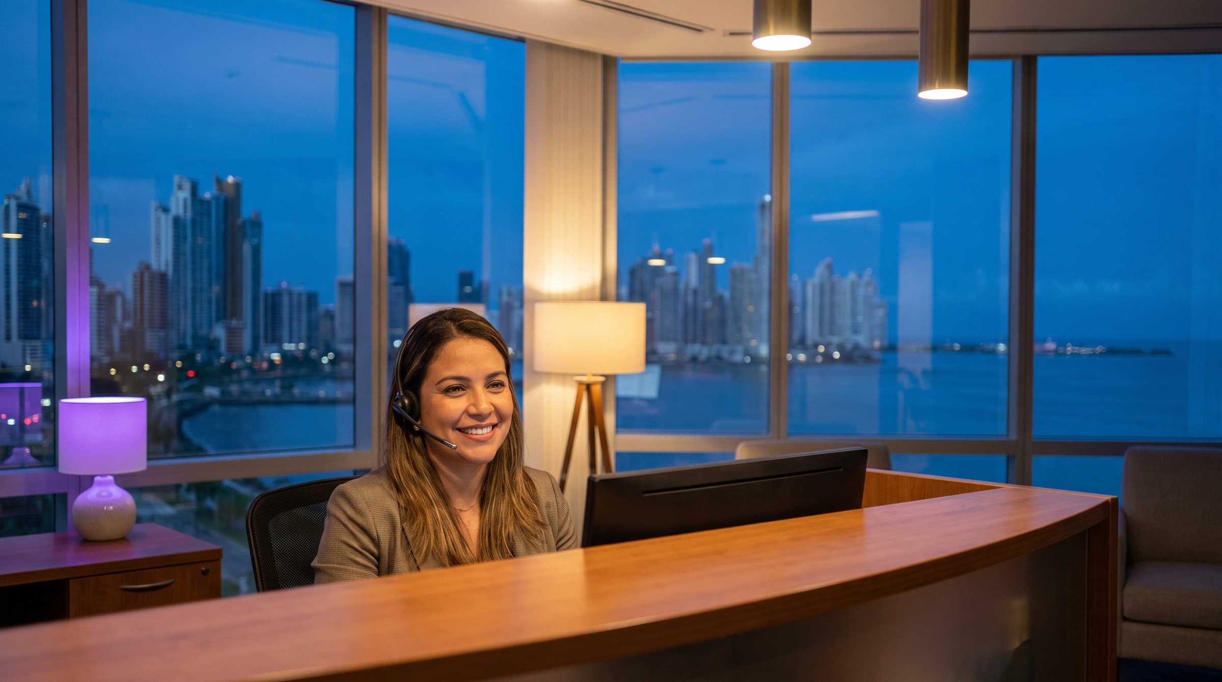Recepcionista con diadema contestando el teléfono en un bufete en lo alto de Ciudad de Panamá, con los rascacielos y la bahía a la hora azul