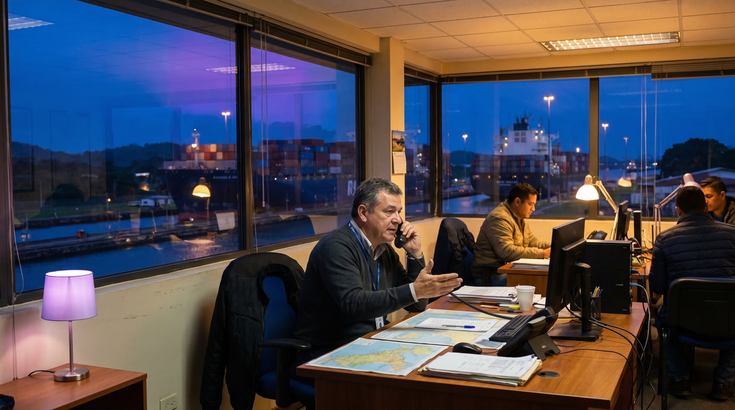 Coordinadora de logística al teléfono con buques portacontenedores pasando por las esclusas del Canal a la hora azul